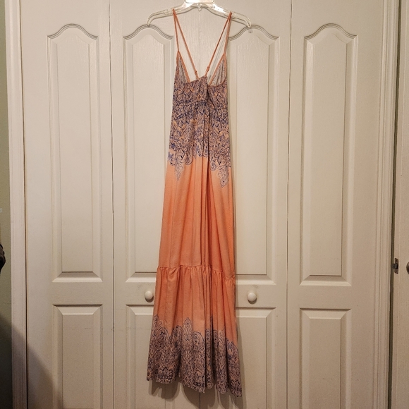 Venus Maxi Dress Paisley Ombre Coral Blue Linen Boho SZ 4 Summer - Picture 3 of 6